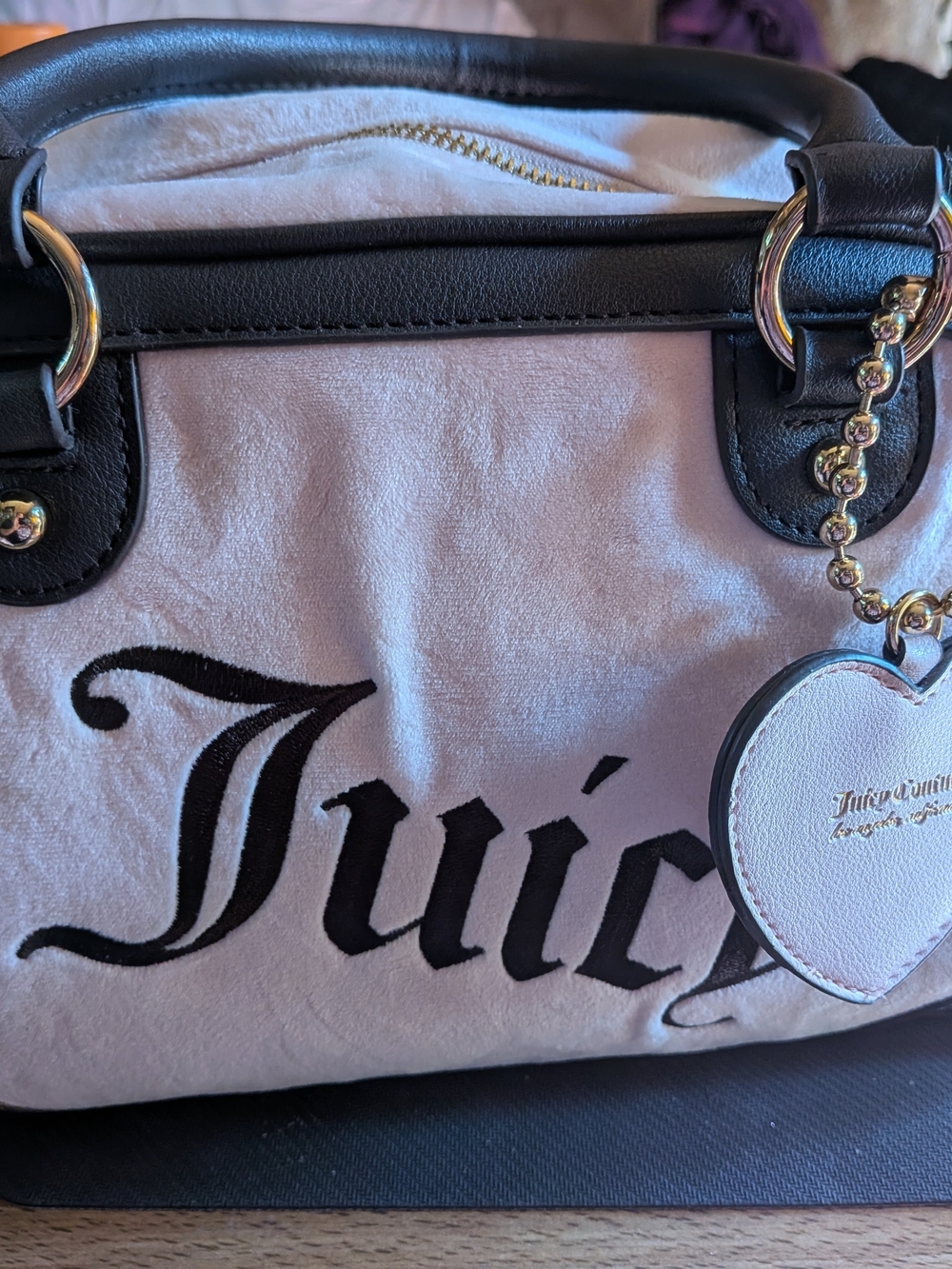 Juicy Couture White and Blush Pink Medium Satchel with Heart Charm